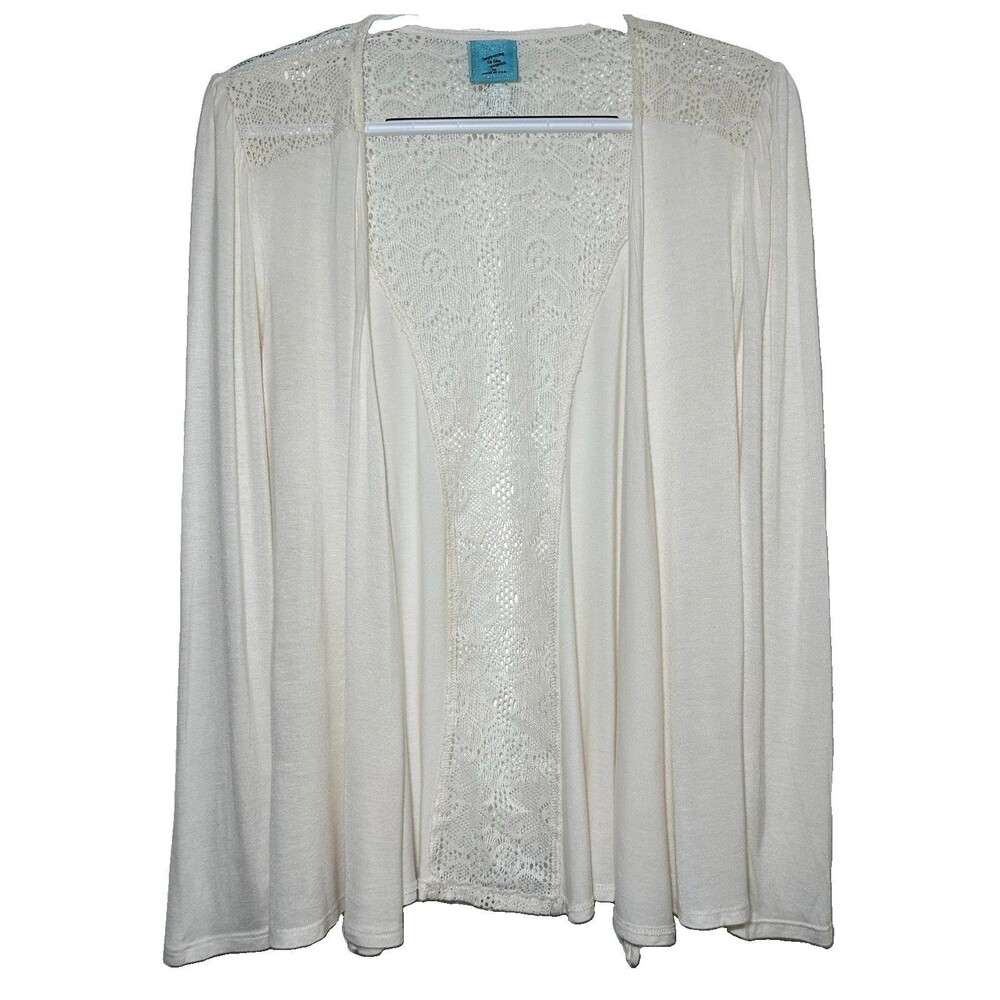 h.i.p. White Open Front Cardigan Size M Lace Back Boho Lightweight Made in USA